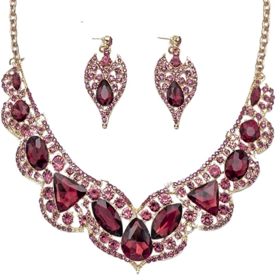 Conjunto de Joias Femininas Personalizadas com Colar de Cristais de Strass e Brincos Pendentes em Forma de Gota