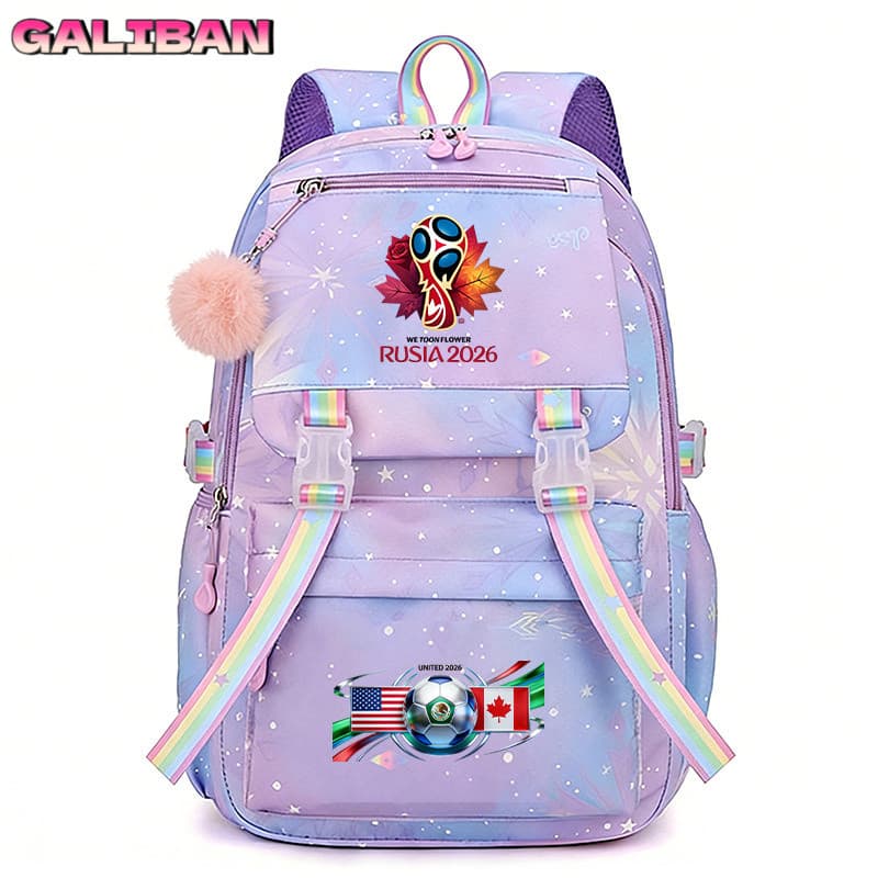 Mochila Escolar Impermeável de Grande Capacidade para Meninas, Copa do Mundo 2026