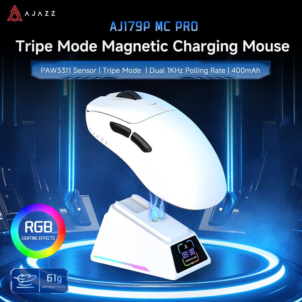 AJAZZ AJ179 P MC PRO Mouse De Três Modos PAW3311 400mAh Bateria De Alta Capacidade RGB Dock De Tela Colorida 24000DPI Pa