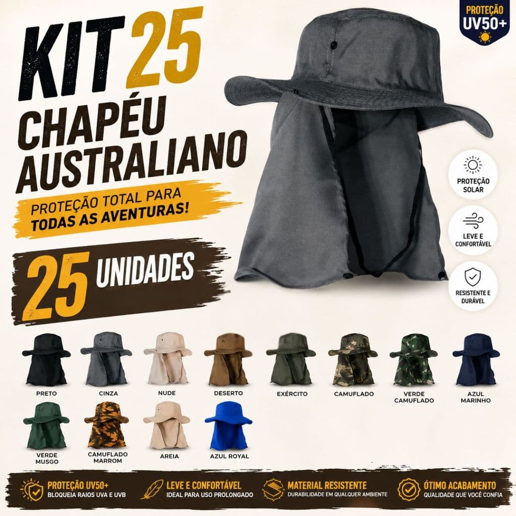 Kit 25 Chapéus Australianos Aba Larga com Proteção Solar UV e Protetor de Pescoço