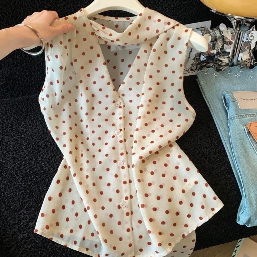 Francês High-End luz luxo bolinhas com decote em V fita Chiffon camisa feminina Design elegante sem mangas topo jif0629