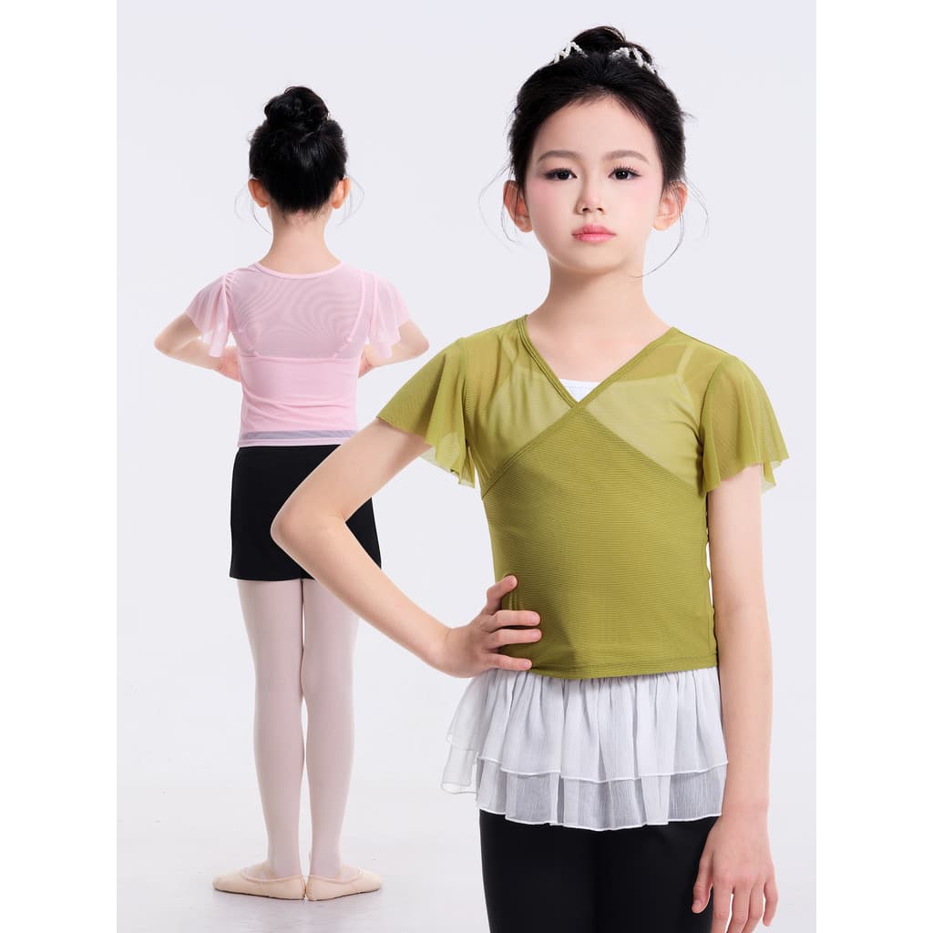 Roupas de prática de balé roupas de gaze mulheres pequena manga voadora com decote em V blusa de gaze crianças dança clá