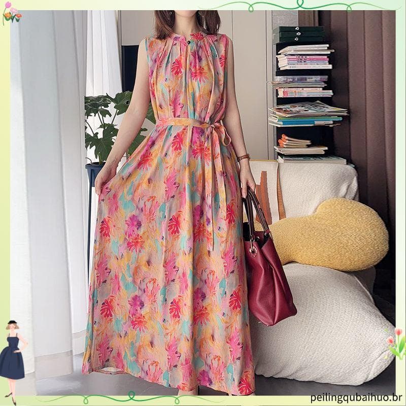 Vestido de seda de algodão sem mangas feminino verão novo estilo acima do joelho até o tornozelo saia longa solta tamanh