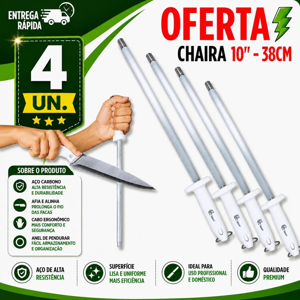CHAIRA AMOLADOR DE FACAS 10” 38CM – AFIADOR ESTRIADO PROFISSIONAL EM AÇO, IDEAL PARA COZINHA, CHURRASCO E AÇOUGUE