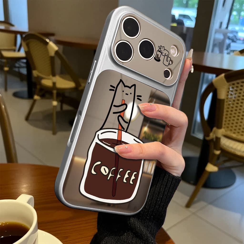 Café gatinho adequado para Apple 17promax caso de telefone iPhone16pro novo estilo 16plus espelho 15