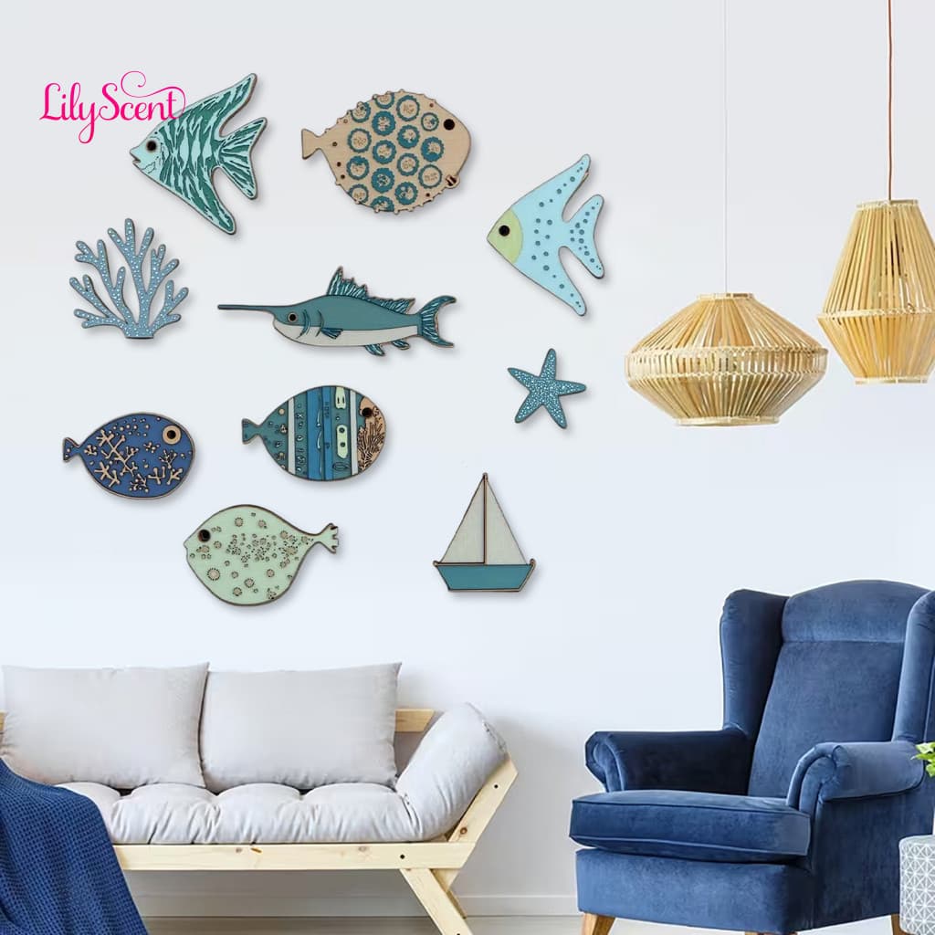 School of Fish Wall Decoration Ocean Themed Art 10 Pcs Rustic Nautical Decor Set Beach Theme Starfish Sailboat Coral Coa