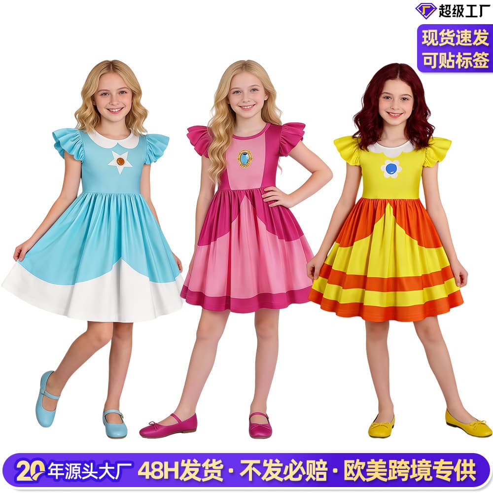 Nível Mario princesa vestido meninas cos roupas crianças vestido de manga voadora traje de festa japonês