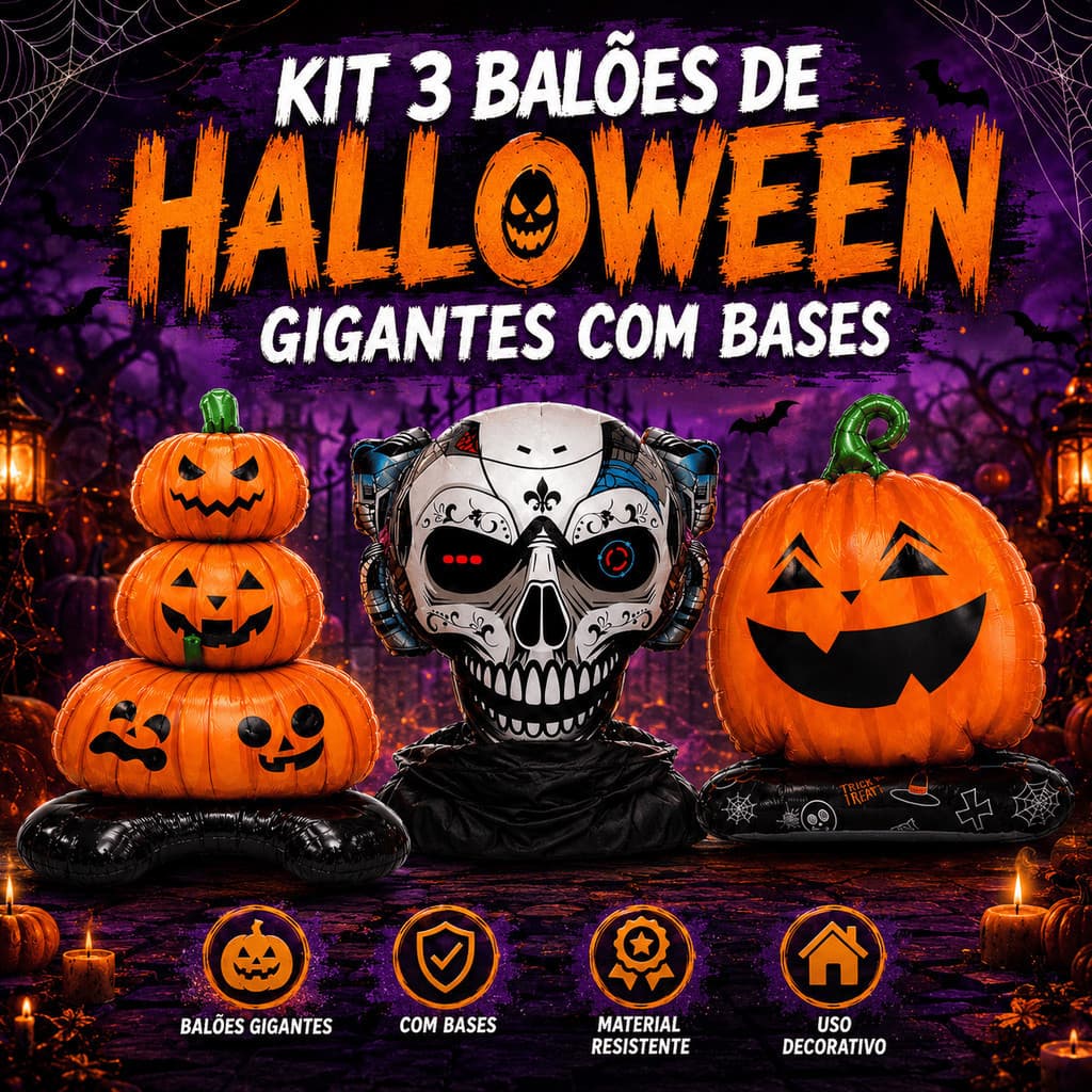 Kit 3 Balões Infláveis Gigantes Halloween Metalizados com Base Abóbora e Caveira para Decoração de Festa Temática