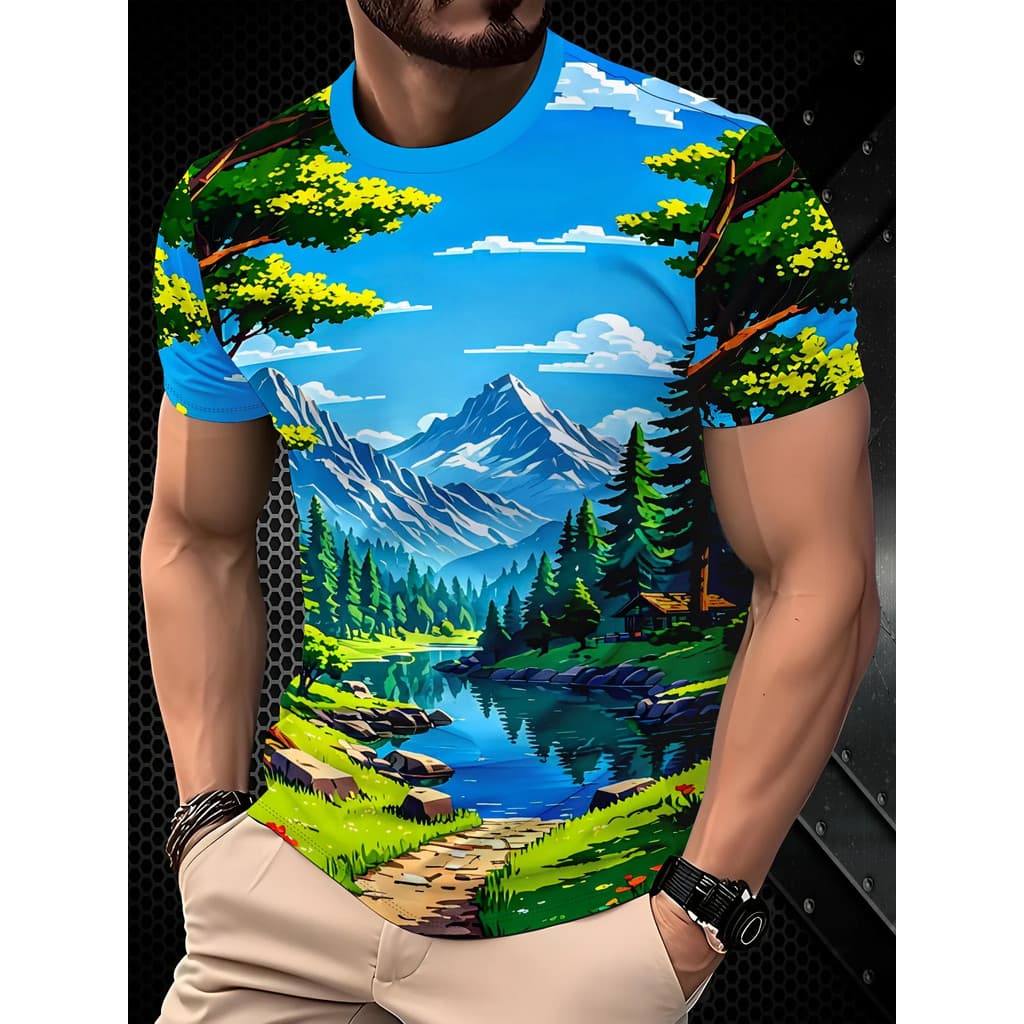 Camiseta Masculina De Manga Curta Vibrante Montanha Lago Floresta Paisagem Natureza Gola Redonda Tops Casuais