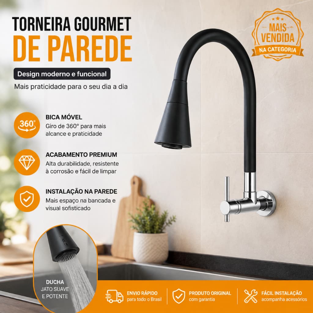 Torneira Cozinha Gourmet Parede Preta Flexível Tubo De Silicone Bica Móvel 360° com Ducha 2 Jatos