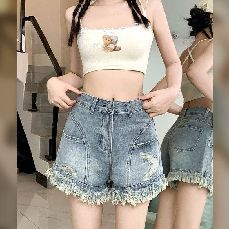 Ins estilo americano cintura alta Retro nicho quente menina rasgado desgastado Denim Shorts verão Plus Size calças quent