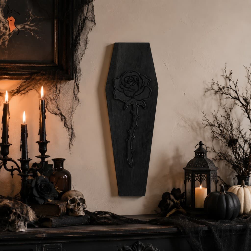 Suspensão De Parede De Caveira De Madeira De Halloween De 1 Peça , Decoração De Alívio De Rosa Preta Maciça Para Casa Gó