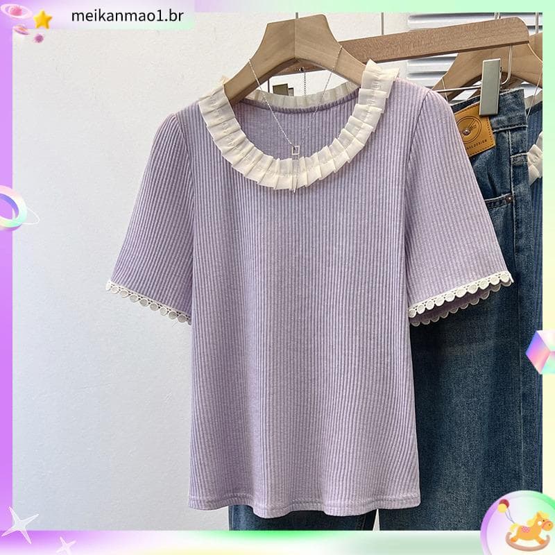 Loja venda quente 45-150kg Plus Size renda feminina verão manga curta mais magro olhar camiseta solta novo estilo All-Ma