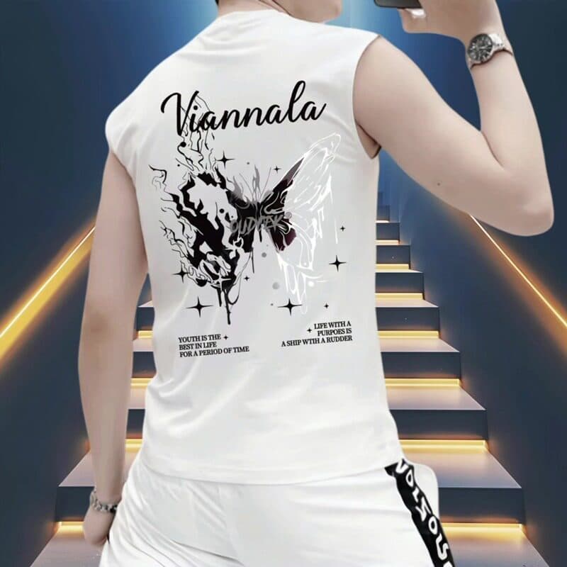 2026 verão novo estilo sem mangas colete camiseta masculina Street Wear único bonito borboleta impressão juventude colet