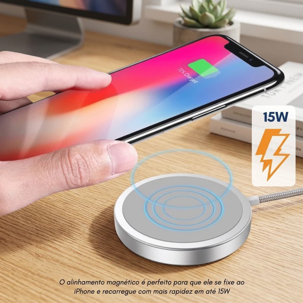 Carregador Por Inducao Magsafe 15W Magnetico Para iPhone 12 13 14 15 Slim Design Cabo Tipo C