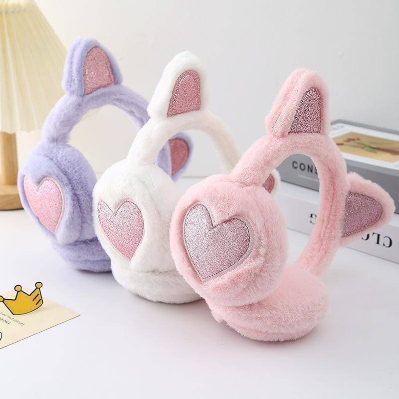 Inverno De Pelúcia Quente Orelha Earmuffs Glitter Gato Aquecedores De Coração Pele Pendurar Capa Para Mulheres Menina Ea