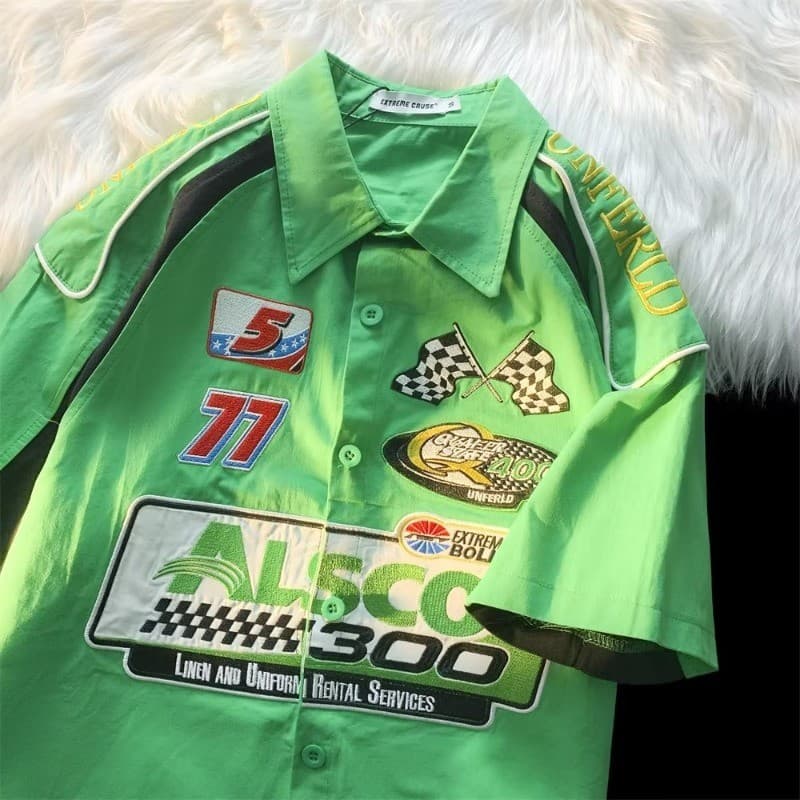 Contraste cor carta bordado camisa de manga curta americano ins influenciador masculino feminino rua estilo motocicleta