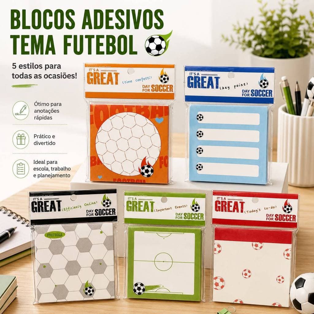 Bloco de Notas Great Futebol Adesivo 80x80mm com 80 Folhas | Bloco Decorado para Escola