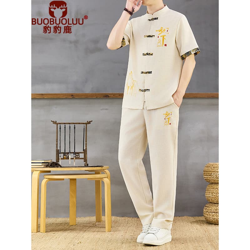 Estilo chinês verão terno de seda gelo étnico masculino de manga curta estilo chinês Casual Cardigan Hanfu terno de duas