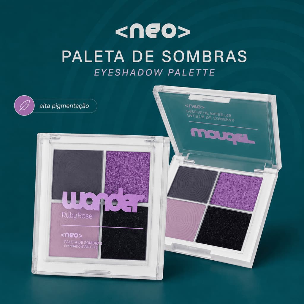 Paleta De Sombras Neo Linha Wonder by Ruby Rose Quarteto Brilho Glitter Opaca Lançamento