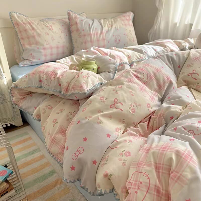 Estilo coreano rosa azul creme gato dos desenhos animados artesanato estilo triângulo agulha concha borda algodão quatro