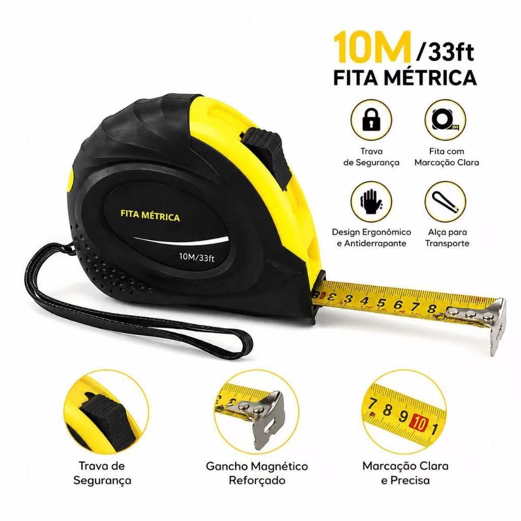 Trena Métrica 10M 5M Metros Profissional Autotrava Fita 25mm Corpo Emborrachado Para Obra e Reforma