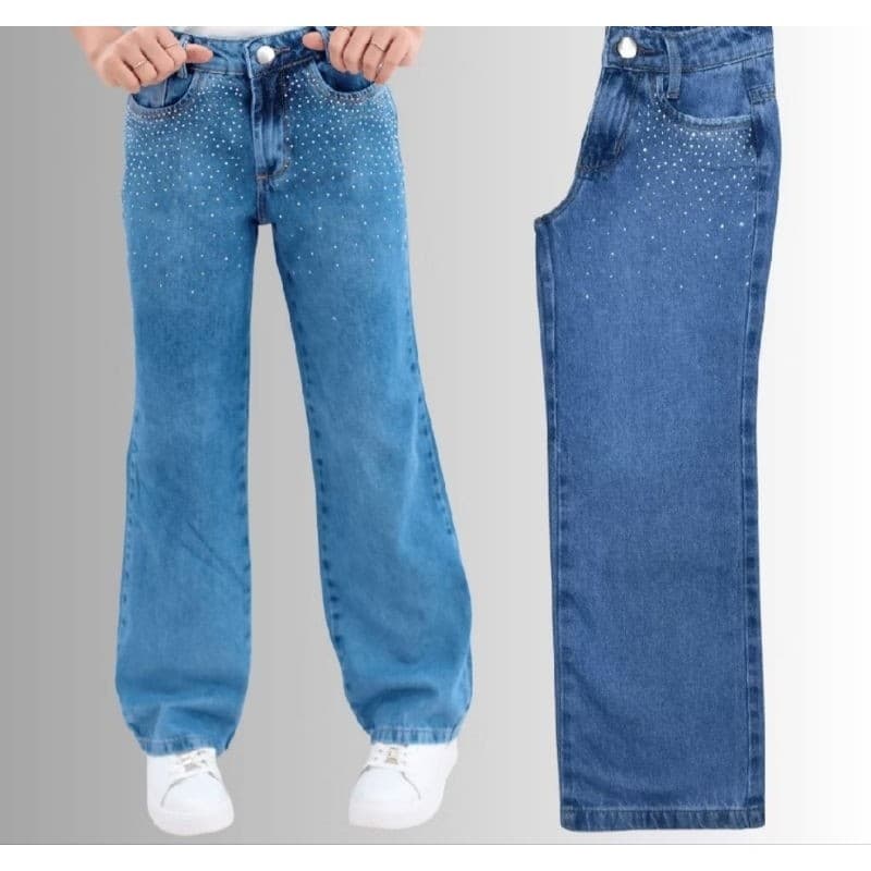 Calça Wide Leg Jeans Infantil Feminina com Detalhe em Strass  calça blogueirinha calça marmorizada básica infantil e juv