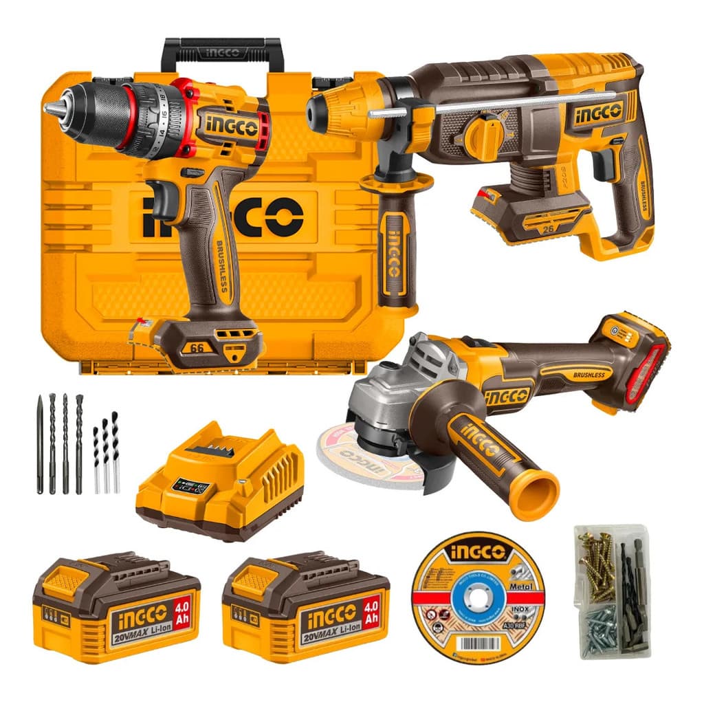 Kit 3 Ferramentas INGCO 20V Brushless 220V Parafusadeira Martelete Esmerilhadeira 2 Baterias 4Ah