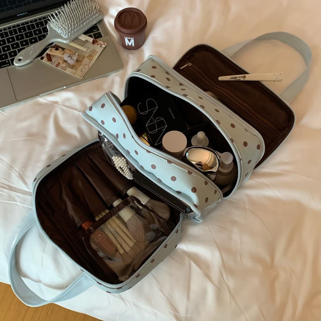 Bolsa de Maquiagem Portátil para Mulheres em Preto Menta, Com Três Divisórias, Grande Capacidade para Armazenamento de C