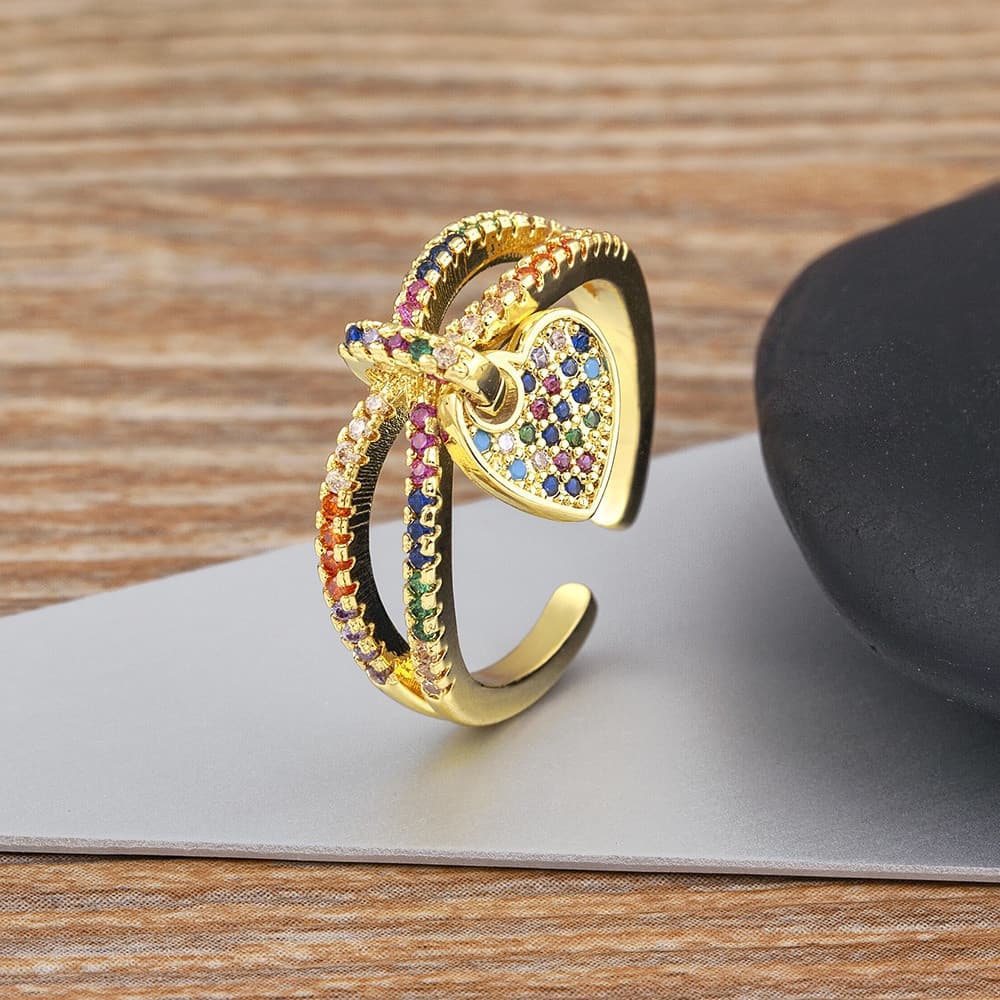 Anel clássico em formato de X, incrustado com zircônia arco-íris, anel com pingente em forma de coração dourado, joia de