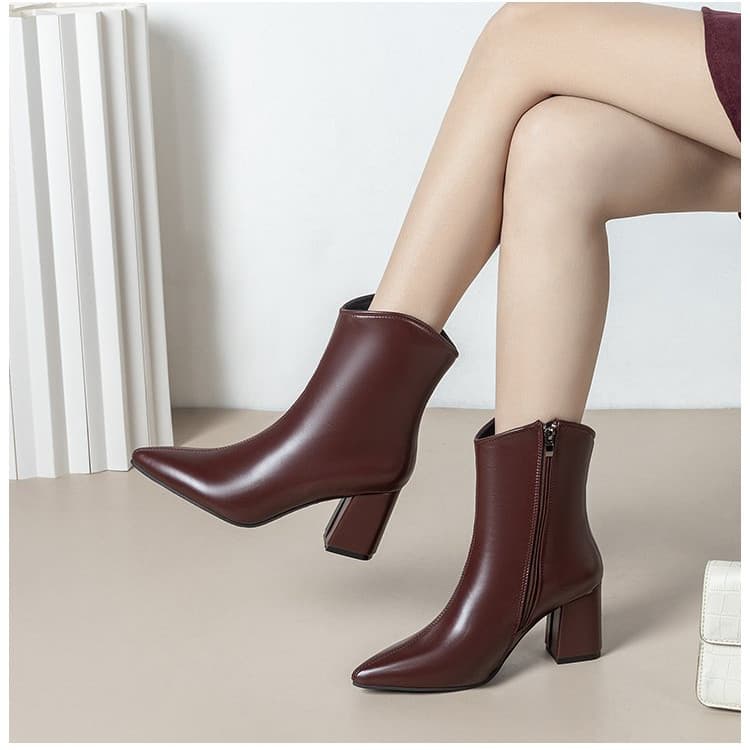 Botas Femininas de Bico Fino, Botas Curtas com Zíper Lateral, Estilo Casual Retro, Salto Grosso, Botas da Moda, Tamanhos