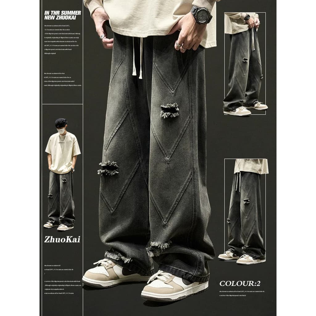 Calças de brim de perna larga dos homens outono americano Retro Street Wear solto calças retas meninos primavera outono