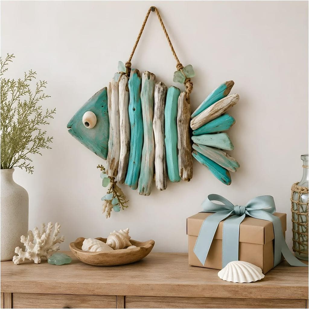 Decoração de Parede Iluminada com Peixes Costeiros - Decoração Náutica Inspirada em Madeira Flutuante