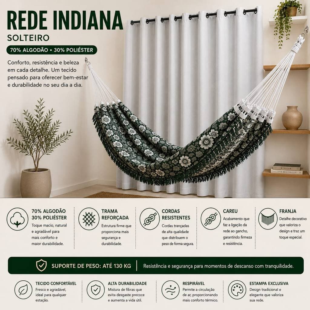 Rede de Dormir Descanso Indiana Solteiro Reforçada 70% Algodão 30% Poliéster com Franja até 130kg
