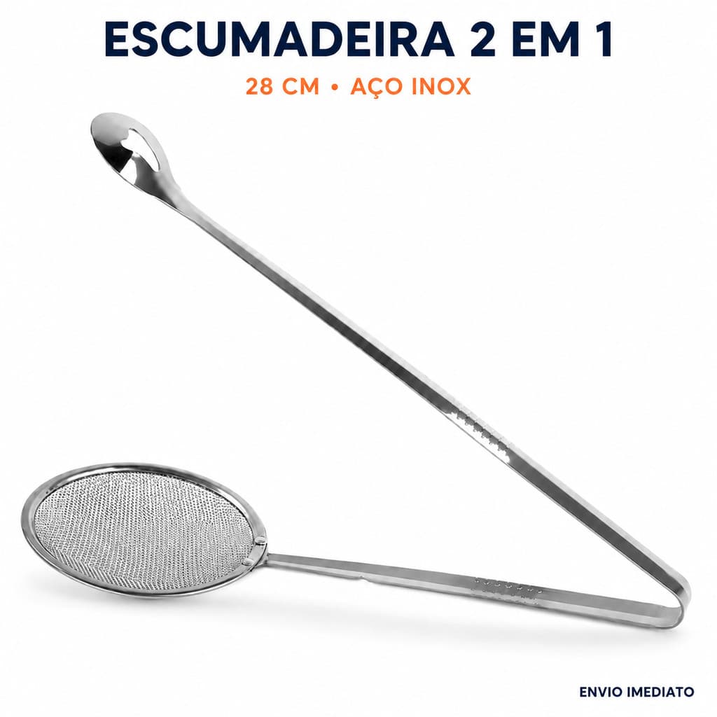 Escumadeira Inox 28cm com Pegador para Fritar Pastel Batata Salgados e Massas