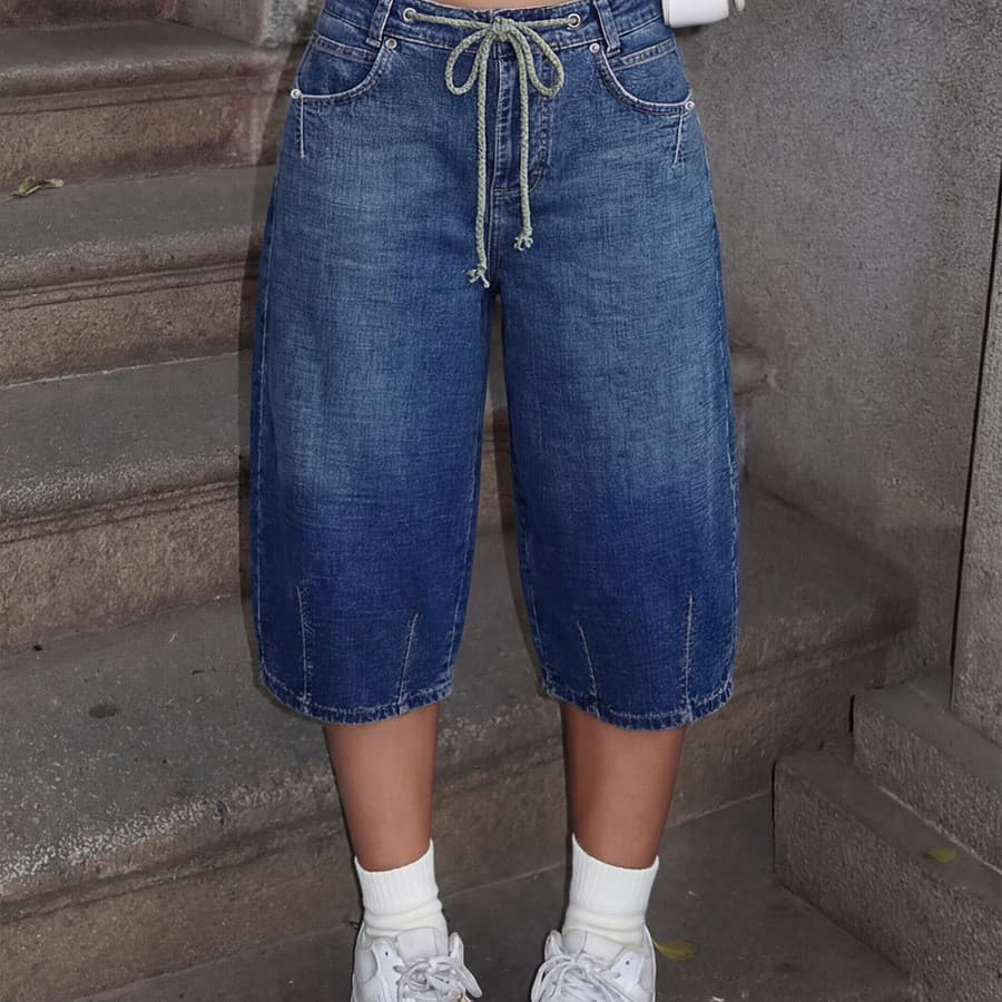 Shorts Jeans Femininos Retrô Com Cordão Lavado Retos