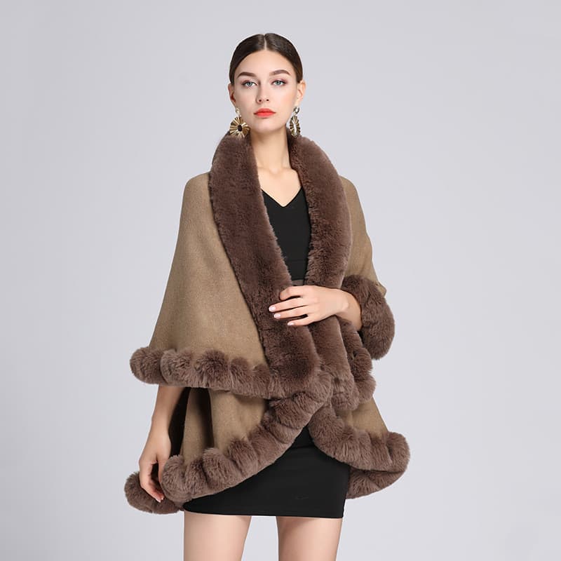 Mulheres mulheres Poncho casaco europeu americano outono inverno gola de pele xale manto senhoras malha Cardigan solto j