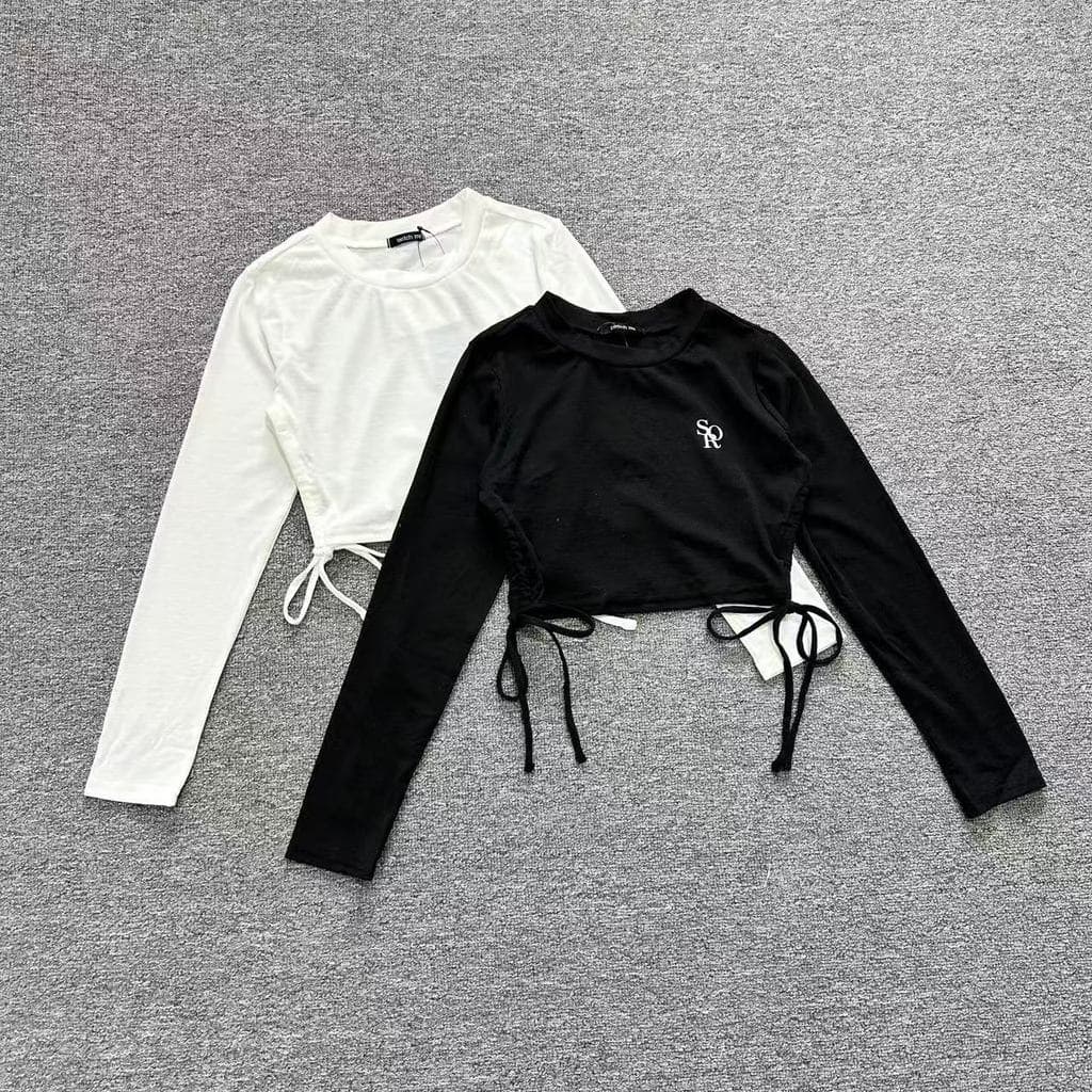 M6041 Japonês Único Novo Estilo Com Cordão Lateral Camiseta de Manga Comprida Meninas Slim-Fit Manga Comprida