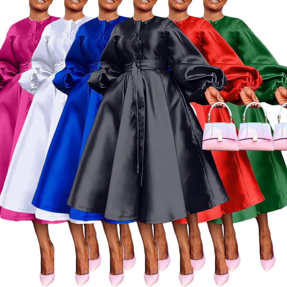BN311 comércio exterior Cross-Border feminino outono inverno novo produto cor sólida brilhante botão solto vestido de ma