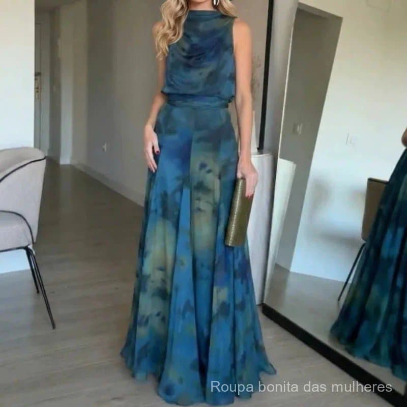 Vestido Maxi Elegante com Estampa Tie-dye Ombre, Ombros Descidos, Drapeado, Cintura com Laço de Malha, Estilo Vintage, p
