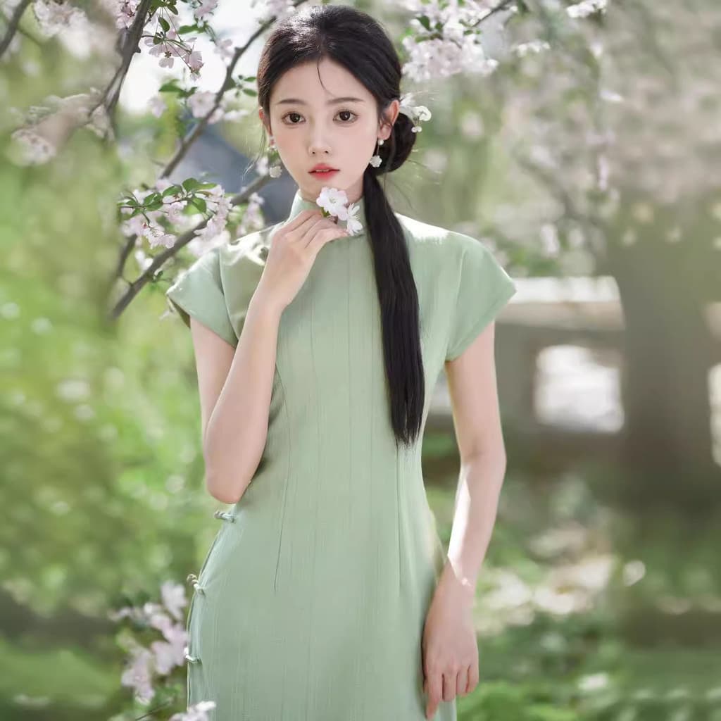2026 verão novo estilo estilo nacional pequena menina olhar branco verde confortável respirável literário TR algodão com