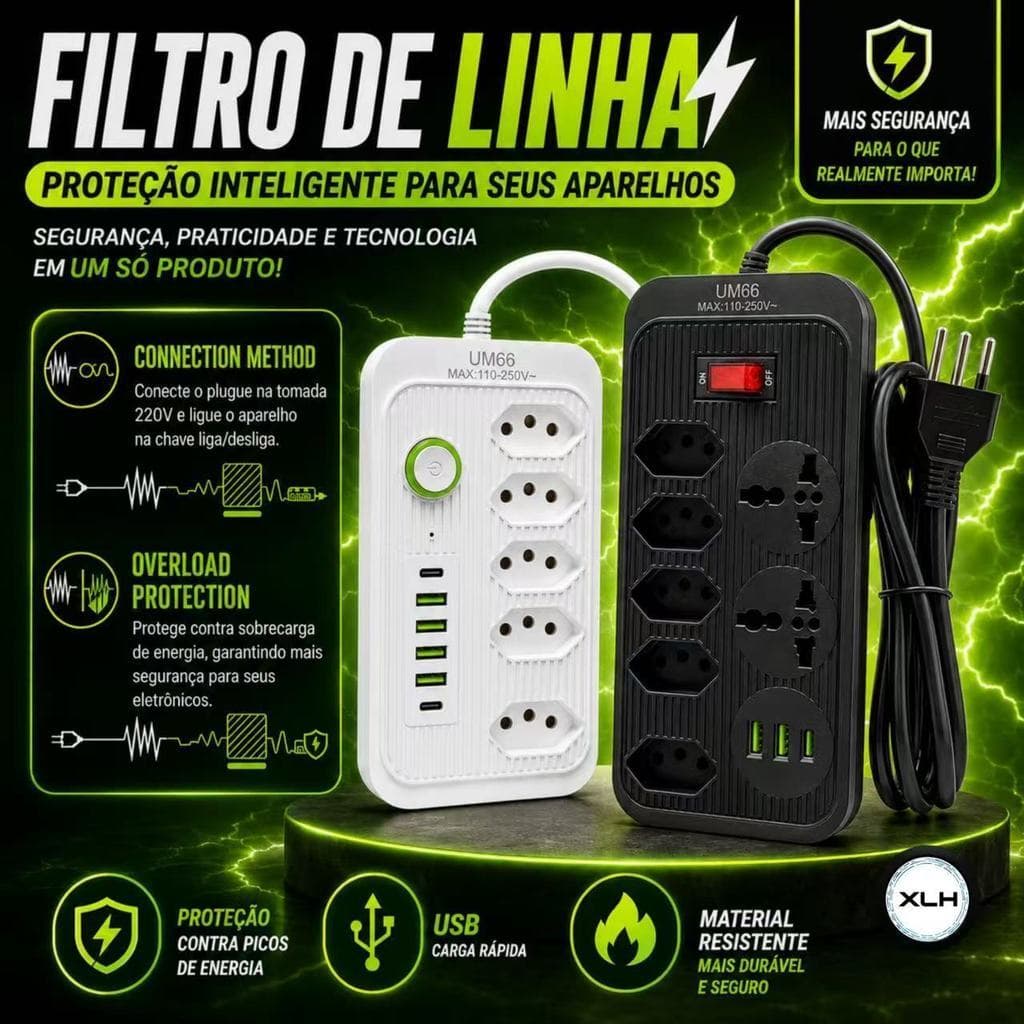 Extensão Régua Filtro 5 Tomadas Type C1 Usb 2 Universal D