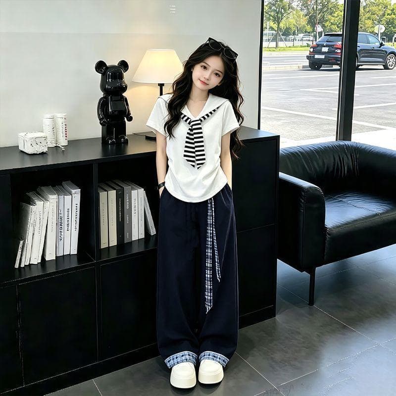 [Roupa pequena e fofa] Meninas estudantes do ensino médio verão dopamina terno moda gola marinha manga curta All-Match c