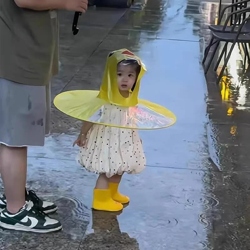 Capa de Chuva Infantil Unissex com Capuz Estilo Guarda-Chuva, Tema Patinho Amarelo, para Crianças do Jardim de Infância