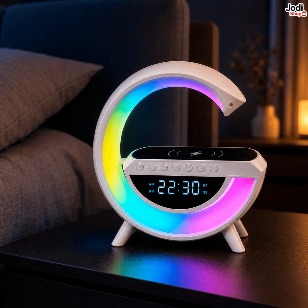 Luminária G Speaker LED RGB com Caixa de Som Bluetooth Relógio e Carregador por Indução