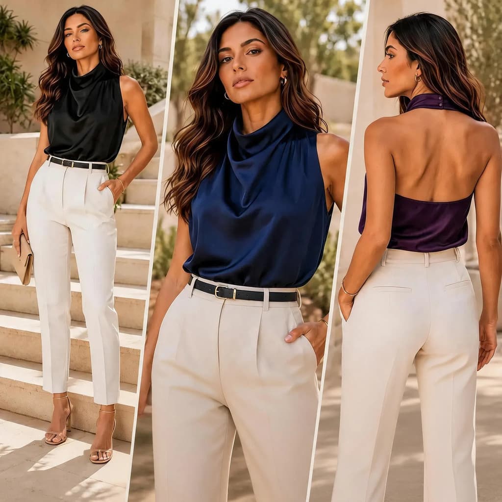￼Blusa Frente Única Feminina Acetinada Gola Alta Elegante – Festa, Casual e Trabalho