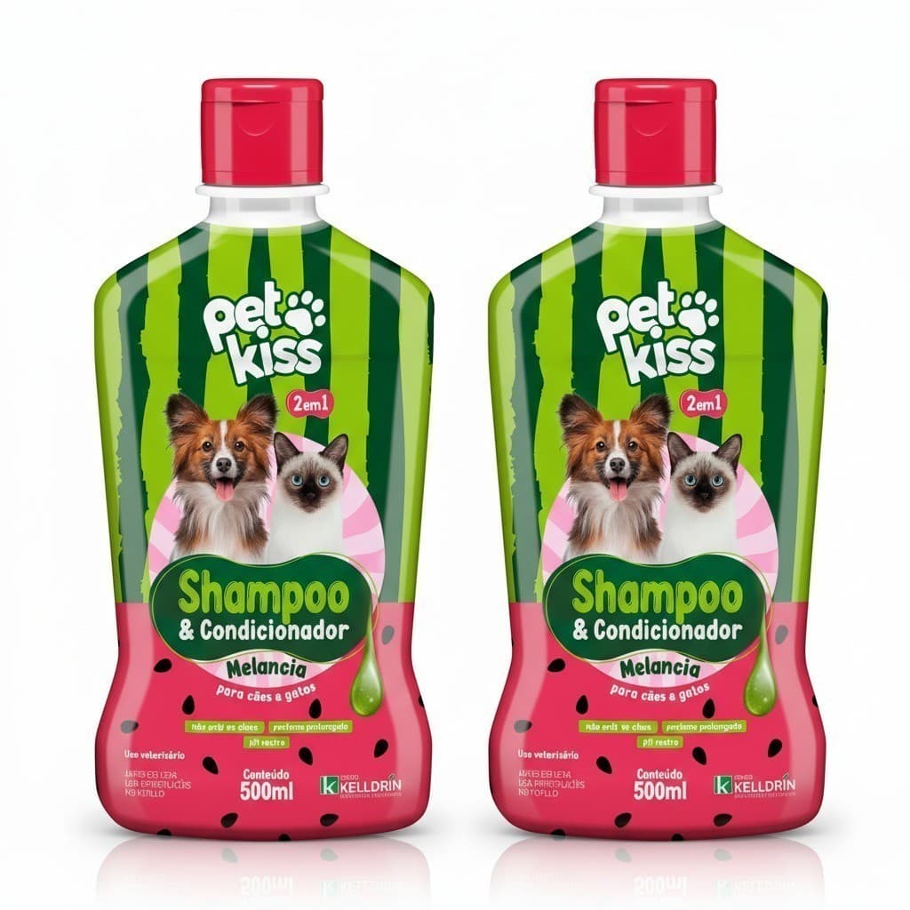 Kit 2 Shampoo Melancia Pet Kiss para Cães e Gatos Hidratação e Perfume