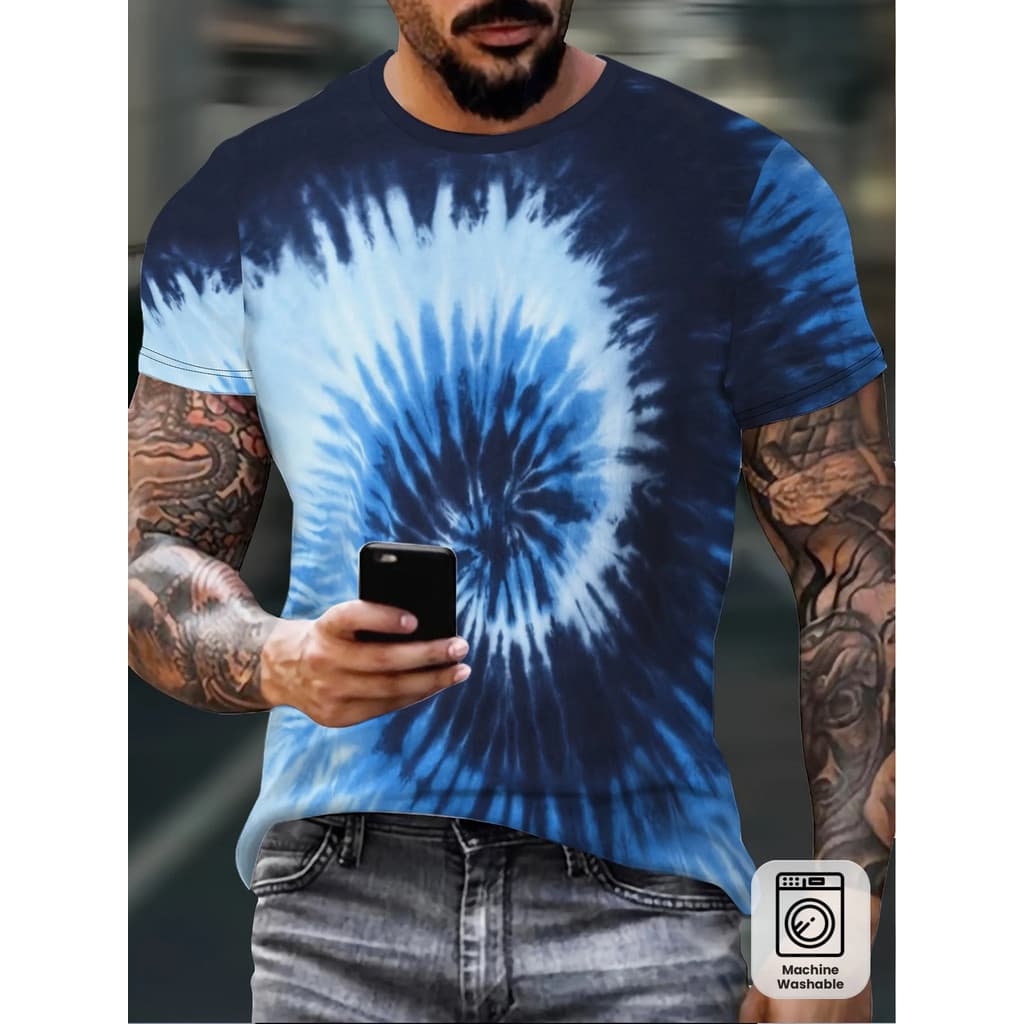 Camiseta Masculina Azul Espiral Tie Dye Estampa Gola Redonda Manga Curta Vintage Rua Casual Tops