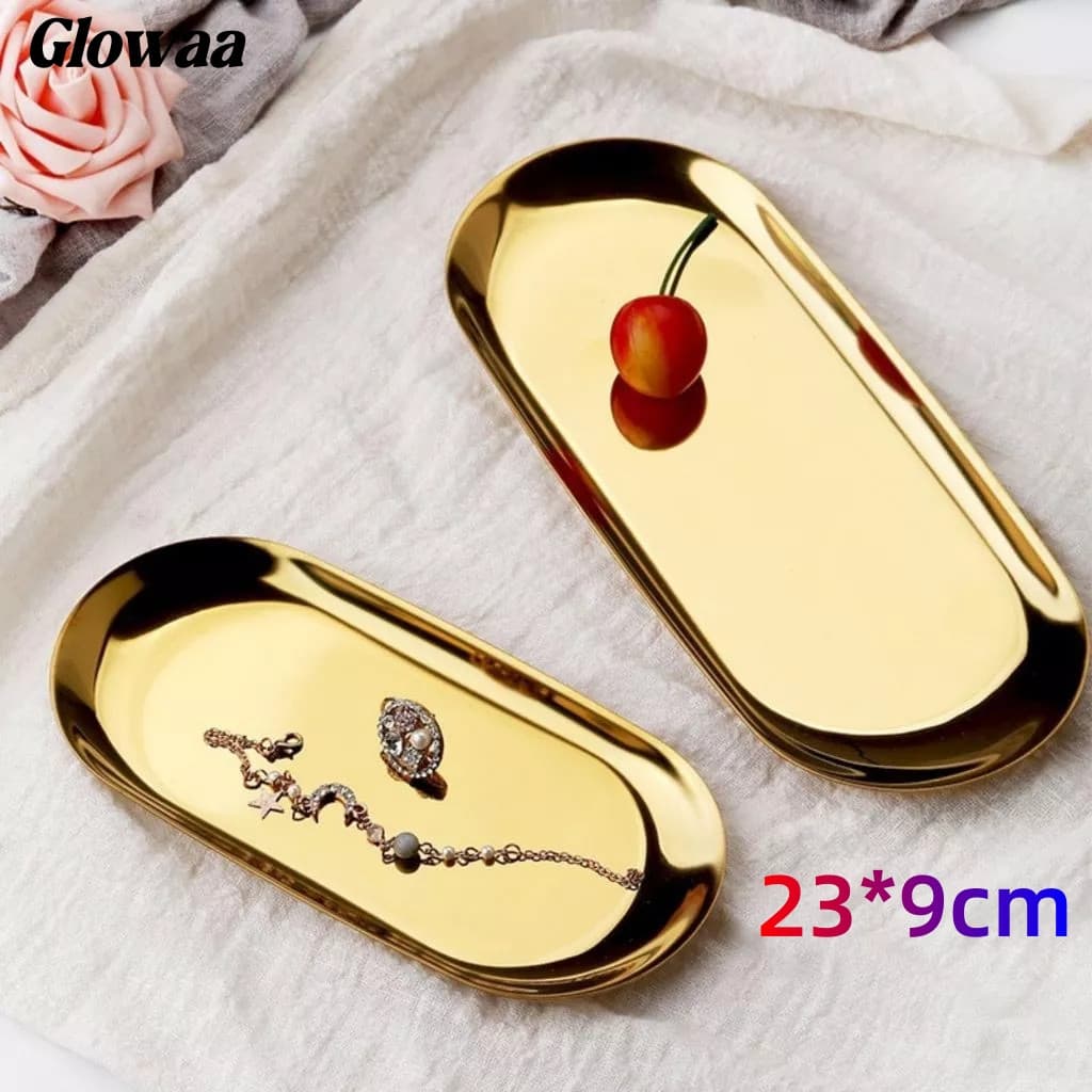 Bandeja Aco Inoxidavel Luxo Decorativa para Jóias Alimentos Dourado 23*9cm