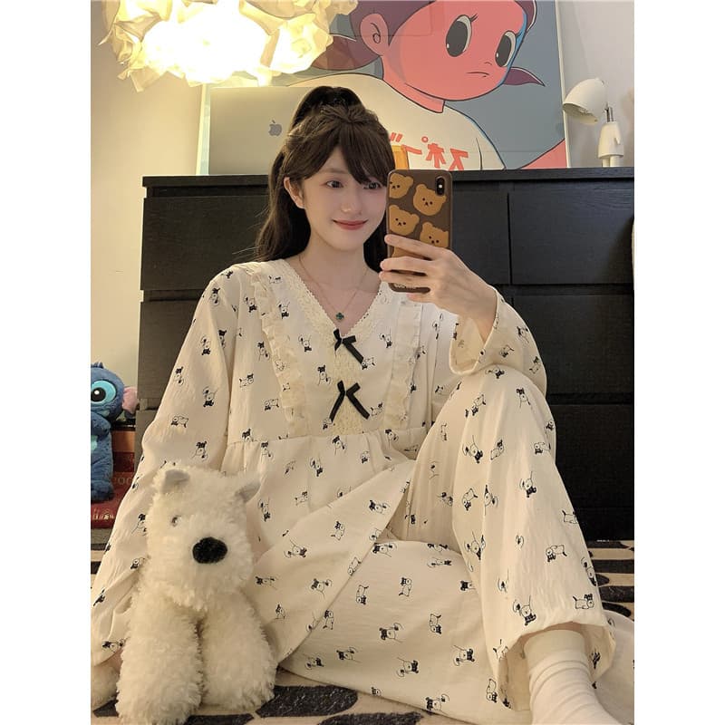 Pijama de manga comprida feminino 2025 novo estilo solto nuvem algodão primavera outono Loungewear menina gorda 100kg te